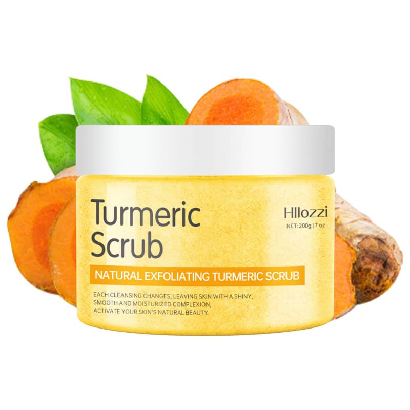Turmeric scrub container with turmeric roots and leaves on a white background