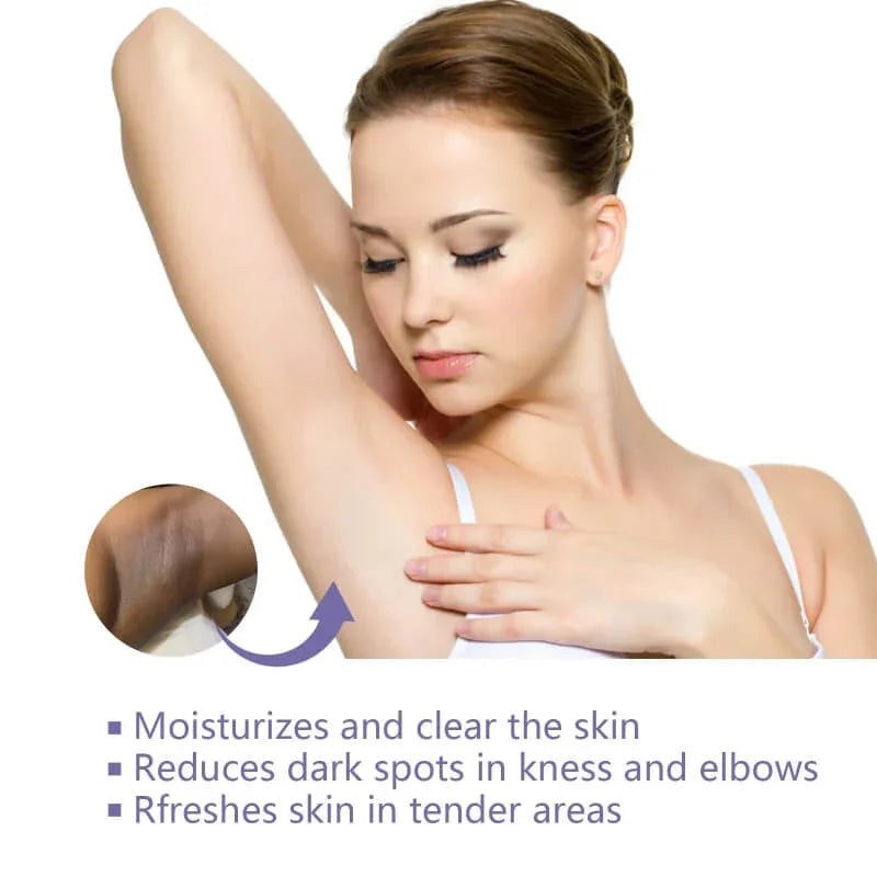 Woman showing moisturized underarm skin, highlighting dark spot removal and skin care benefits