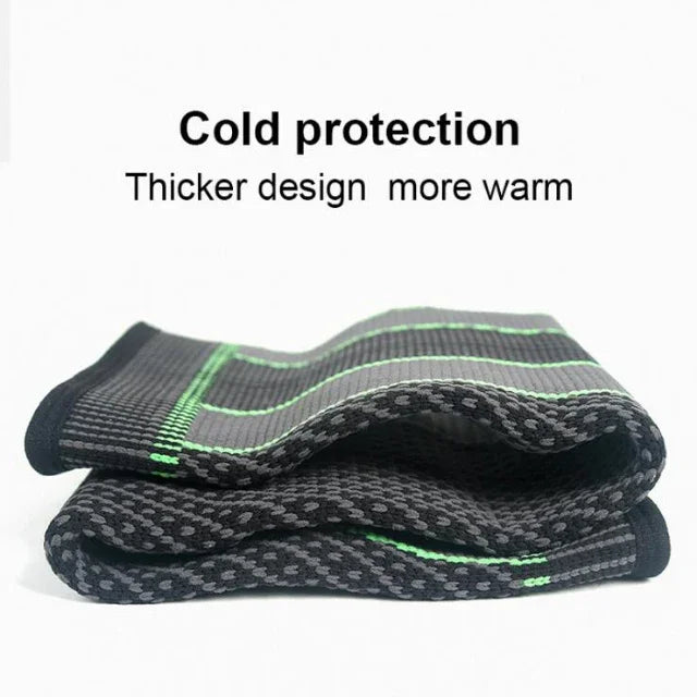 Thick black and gray fitness knee sleeves with green stripes for cold protection