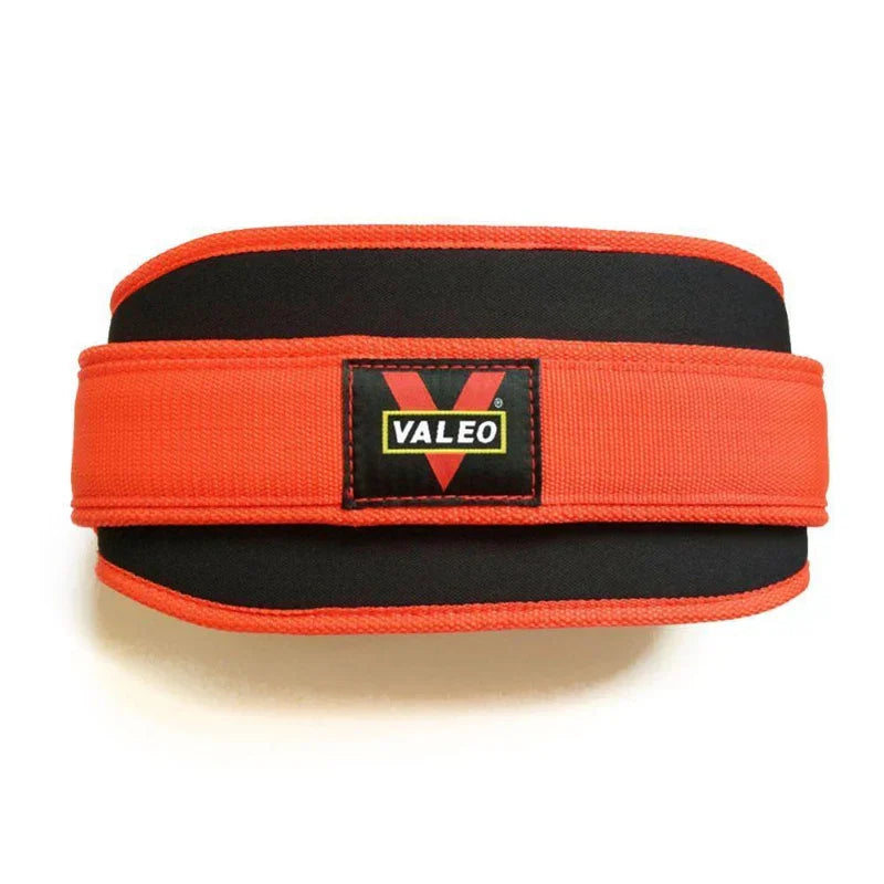 Red and black weightlifting belt with Valeo logo, premium fitness accessory