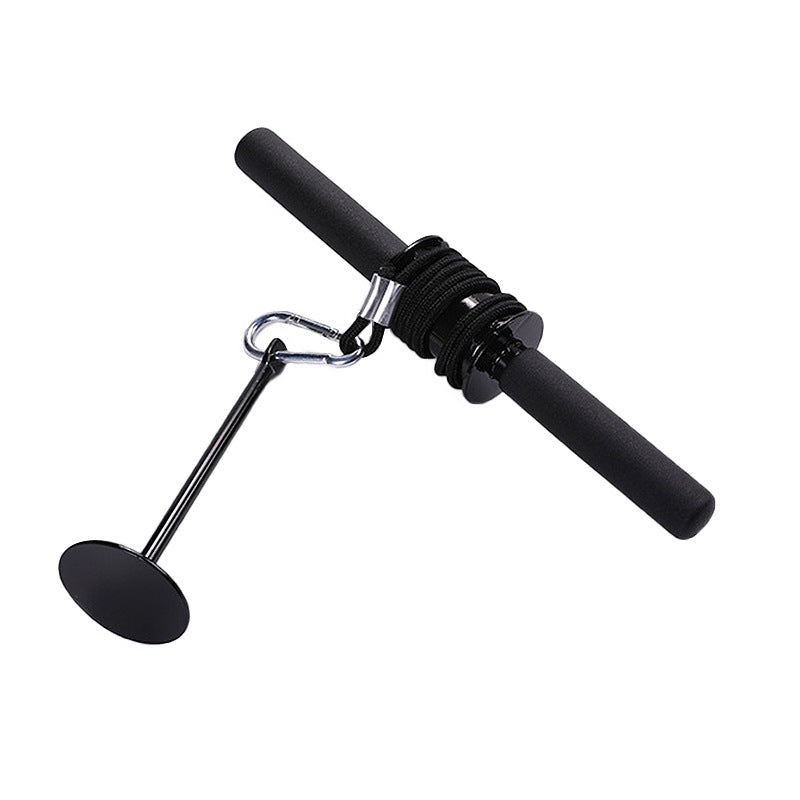 Black exercise tool with a handle and hanging disc on a white background