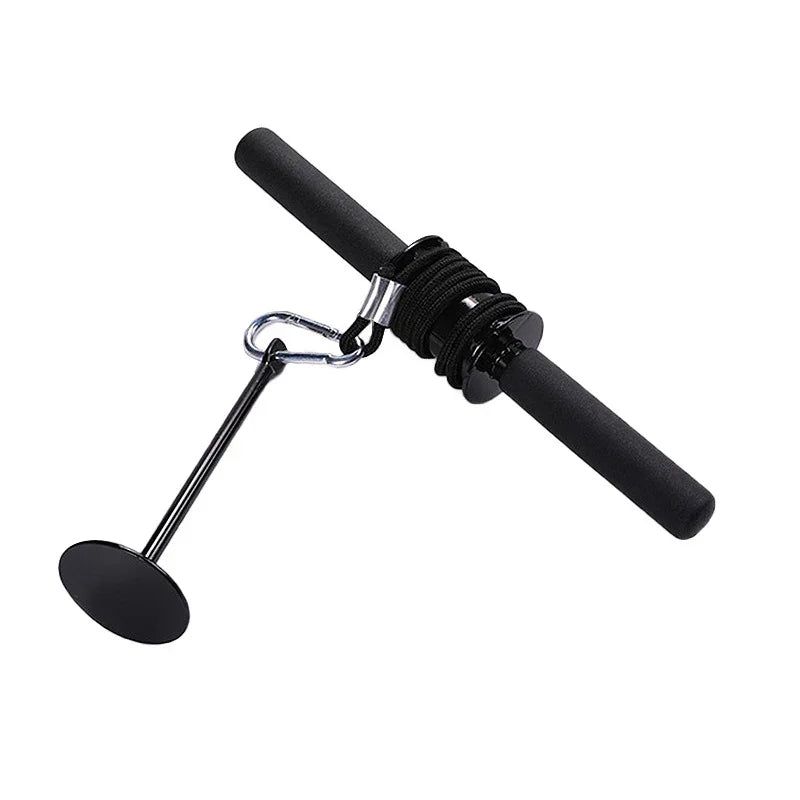 Wrist roller forearm strength trainer with black handles and metal cable attachment