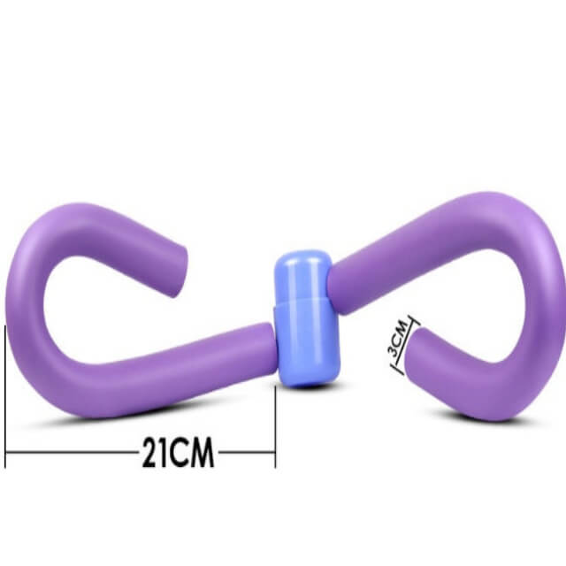 Purple exercise tool with measurement details on a white background