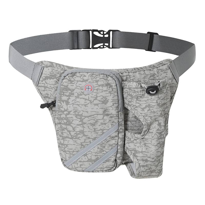 Gray camouflage waist bag with a belt on a white background