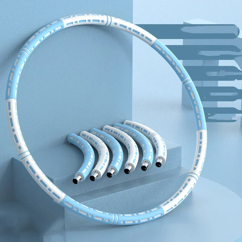 Adjustable blue and white fitness hula hoop segments for home exercise on blue background