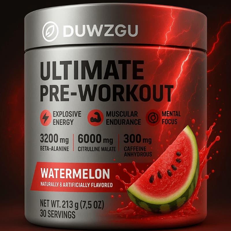 Watermelon flavor ultimate pre-workout supplement jar with energy and endurance benefits