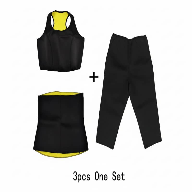 Black athletic outfit with yellow accents on a white background