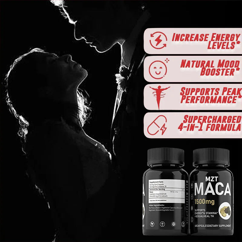 MZT Maca supplement bottles with benefits for energy, mood, peak performance, fitness health