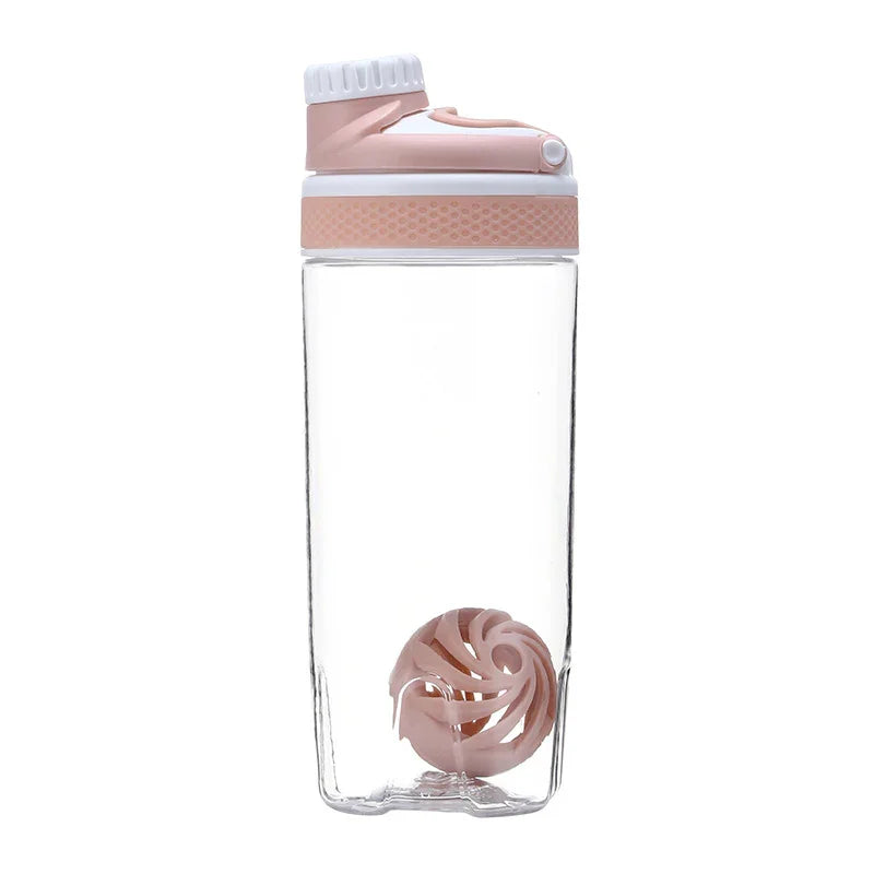 Clear water bottle with pink lid and infuser on a white background