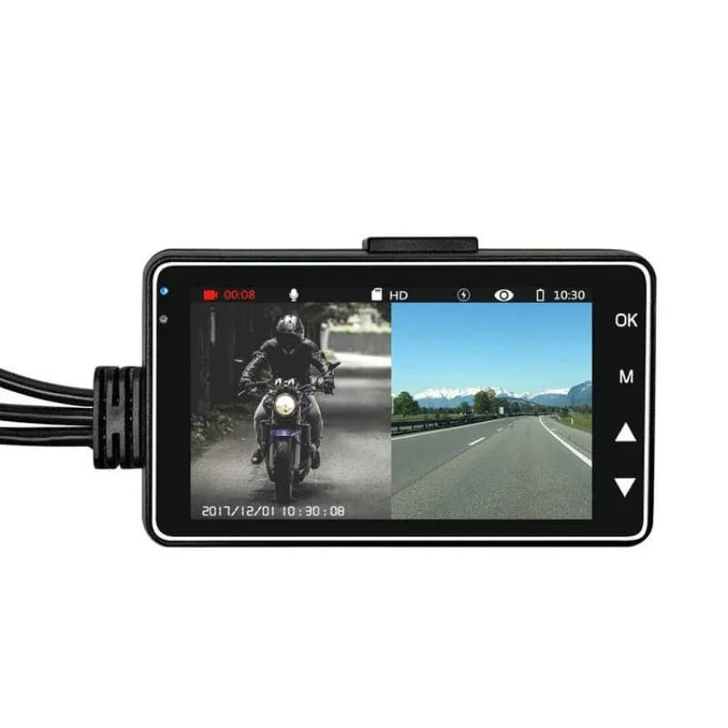 Motorcycle dashboard camera with screen displaying road and mountain views on a white background