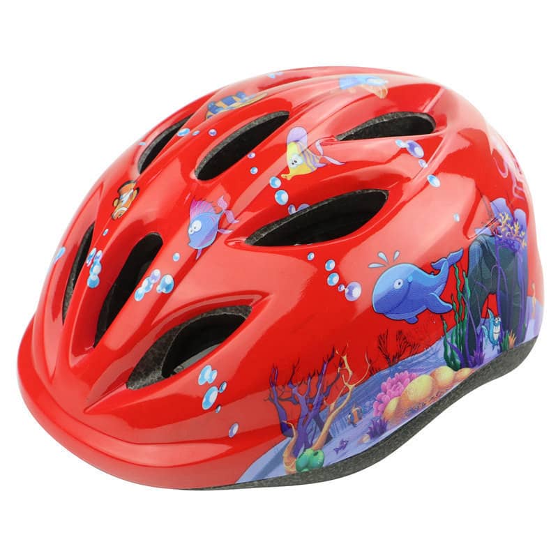 Red kids' bike helmet with underwater sea creatures and ocean graphics