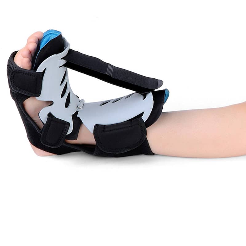 Adjustable foot drop brace for ankle support and plantar fasciitis relief, shown on foot