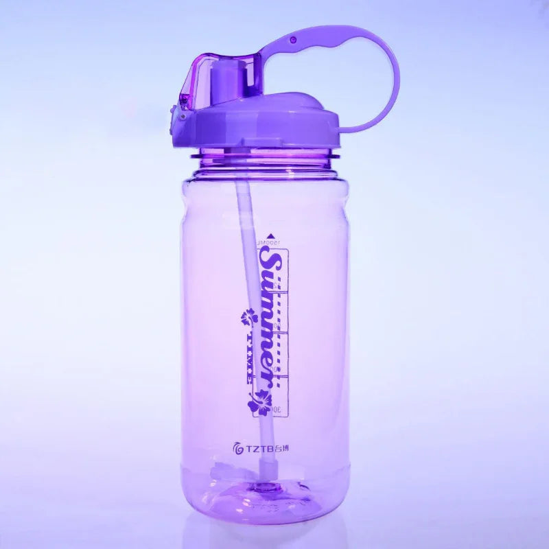 Purple translucent plastic water bottle with flip-top lid and straw, labeled Summer, for fitness hydration