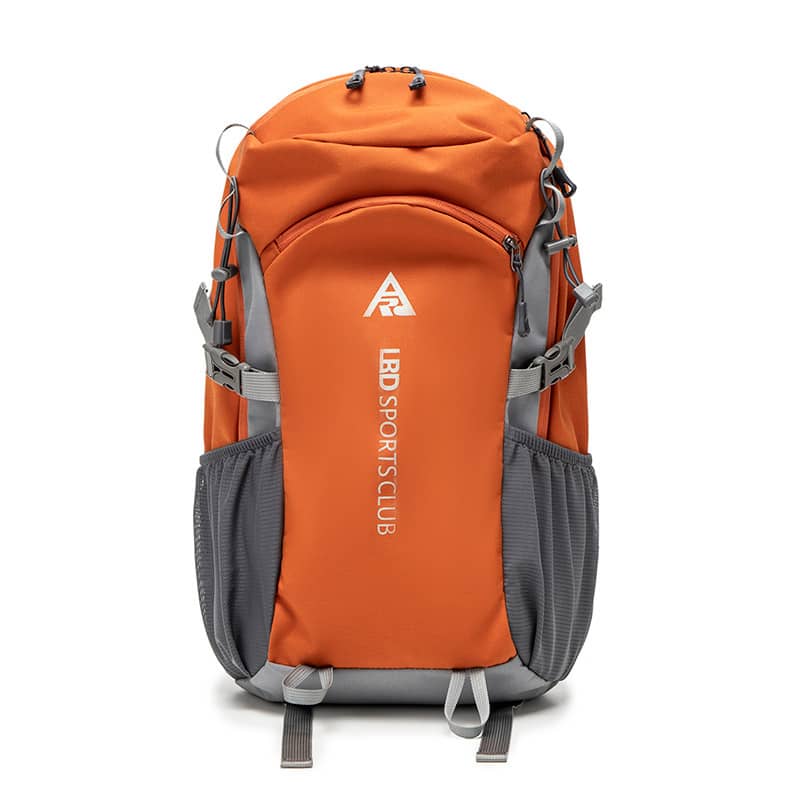 Orange and gray backpack with 'LBD Sports Club' branding on a white background