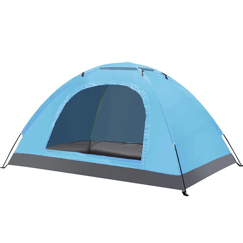 Light blue dome camping tent with large mesh window and grey base, outdoor gear