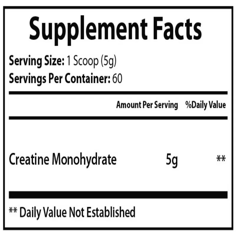 Supplement facts label with creatine monohydrate content on a white background