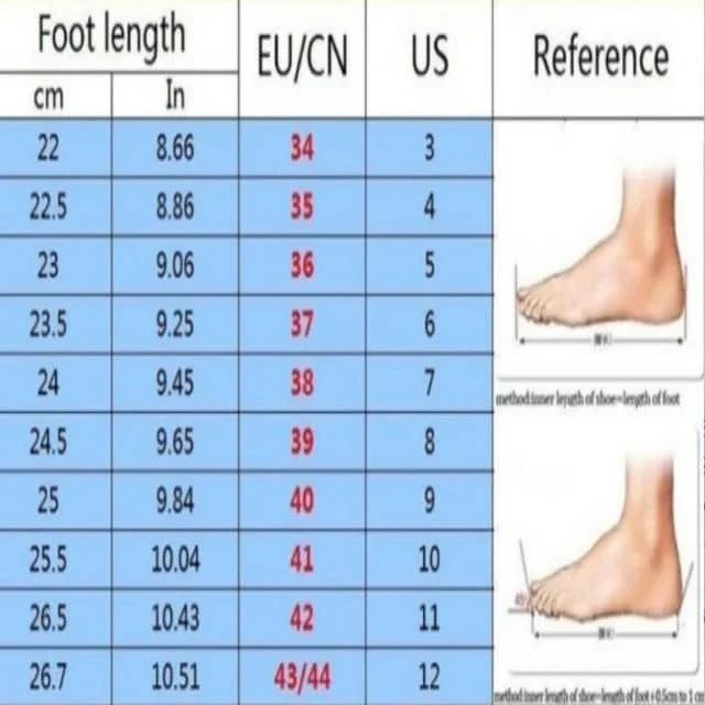 Foot length measurement chart comparing centimeters, inches, EU/Chinese sizes, and US sizes with a foot illustration.