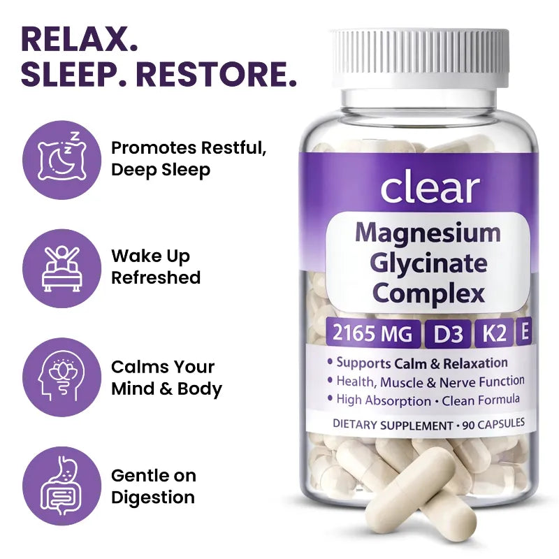 A bottle of Clear Magnesium Glycinate Complex dietary supplement capsules on a white background, with four purple benefit callouts on the left: promotes restful deep sleep, wakes up refreshed, calms your mind and body, and is gentle on digestion.