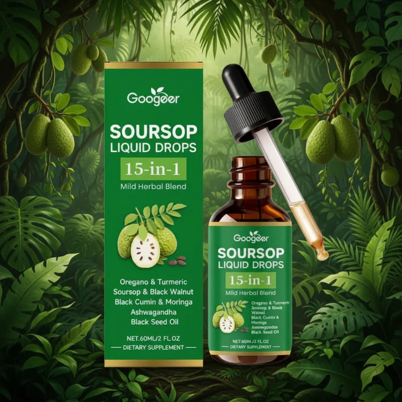 Googer Soursop Liquid Drops 15-in-1 dietary supplement shown with its green product box and amber dropper bottle against a lush tropical jungle background with green leaves and fruit.