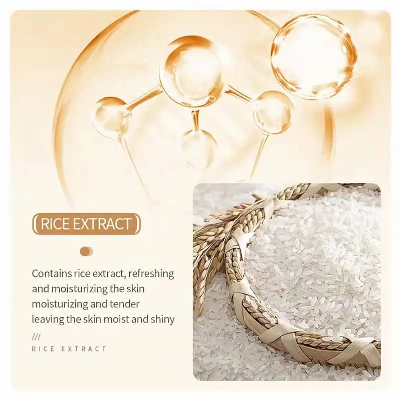 Product packaging with rice extract text and a close-up of rice grains.
