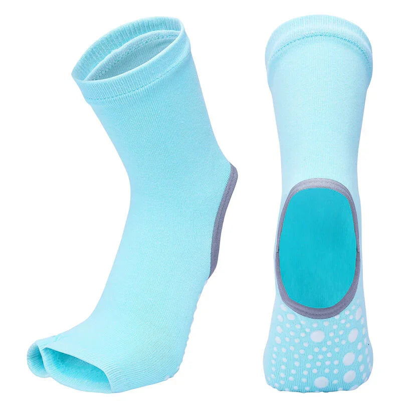 Light blue open-toe yoga socks with anti-slip soles and arch support, front and back view