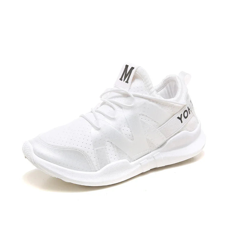 White athletic sneaker with breathable mesh, lace-up design, and 'YOK' text on side