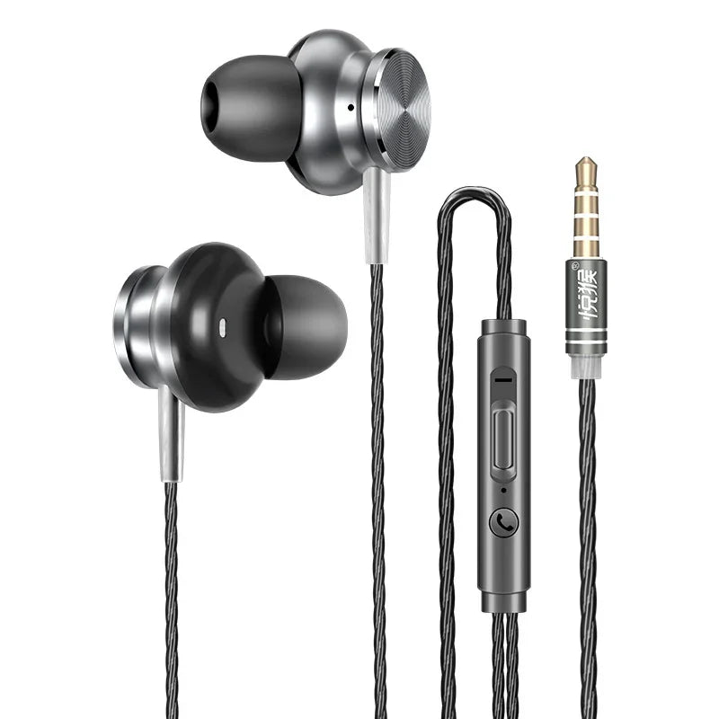 Silver and black earphones with a control cable on a white background