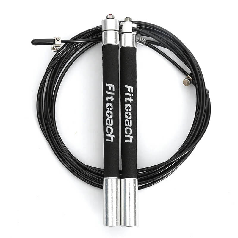 Adjustable speed jump rope with black foam handles and steel cable for cardio workouts