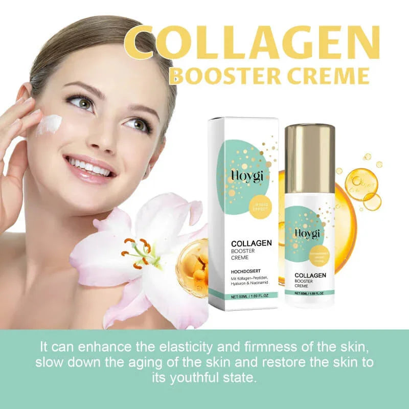 Woman applying collagen booster creme, product bottle and box, flower, skincare concept