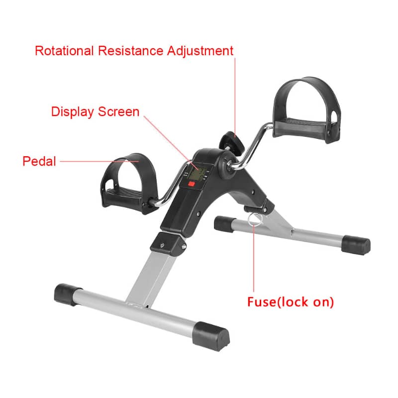 Mini exercise bike with labeled parts on a white background