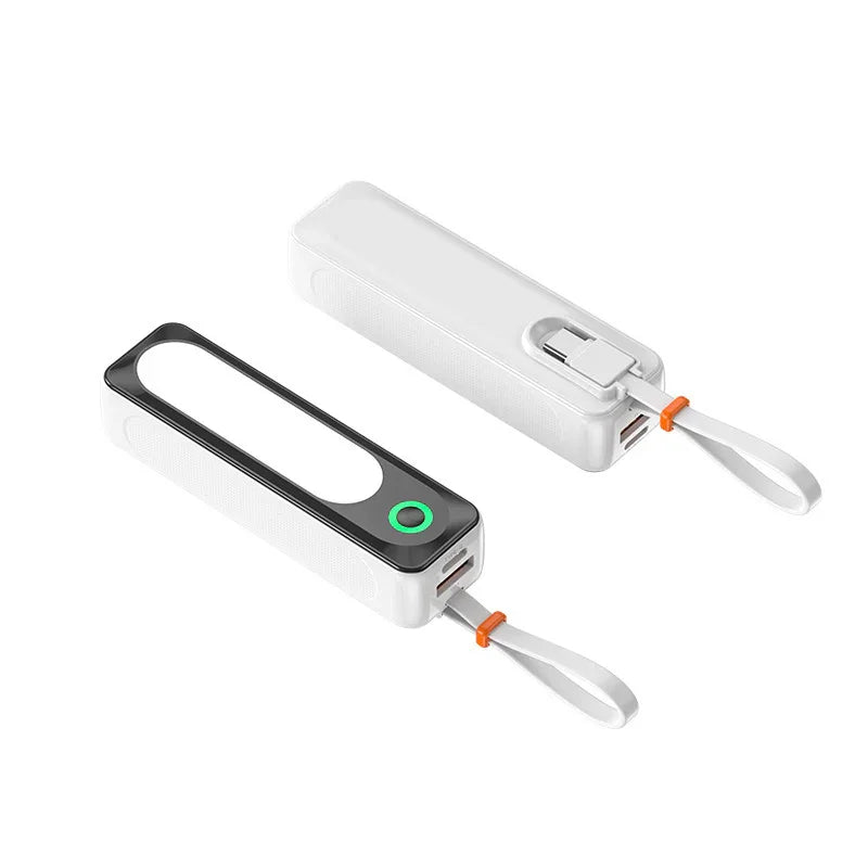 Portable white USB power bank with black accent and carrying strap, compact design