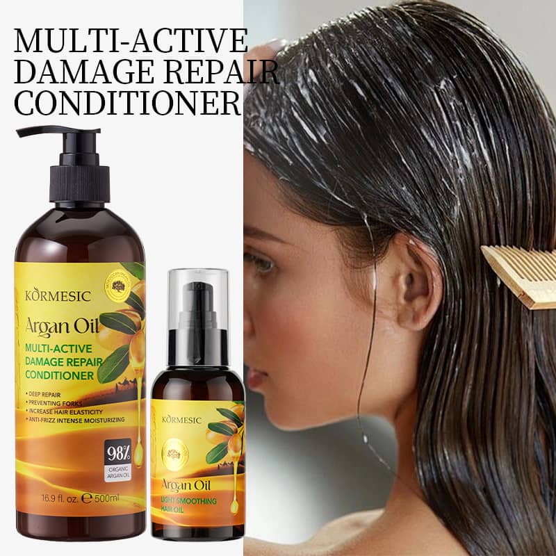 Kormesic Argan Oil Multi-Active Damage Repair Conditioner bottles with a woman applying it to her hair.