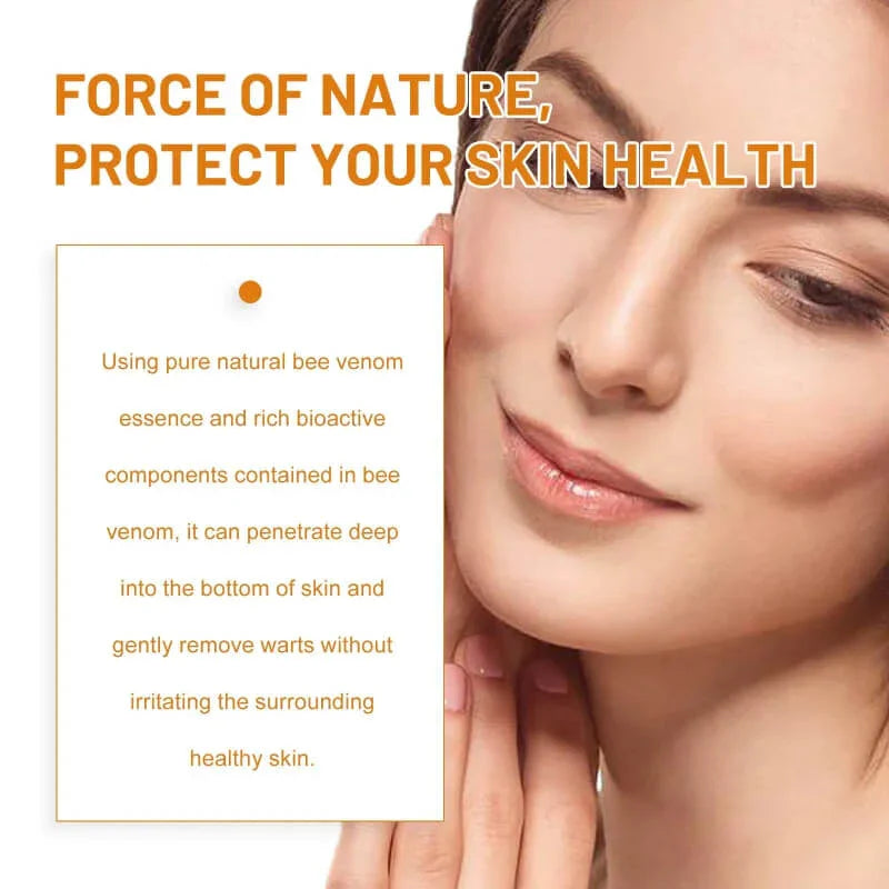 Woman touching her face, bee venom skincare product benefits for healthy skin shown in text.