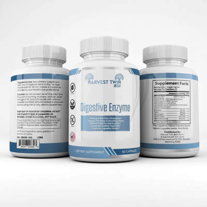 Three white supplement bottles for Harvest Twin Digestive Enzyme, showing the front label, back instructions, and Supplement Facts panels on a clean white background.