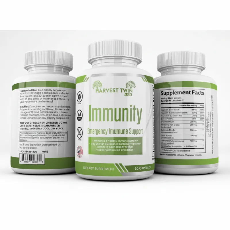 Three supplement bottles for Harvest Twin Immunity Emergency Immune Support, showing the front, back, and supplement facts labels on a white background.
