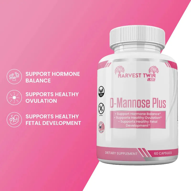 Supplement bottle labeled 'D-Mannose Plus' with pink background and text about benefits.