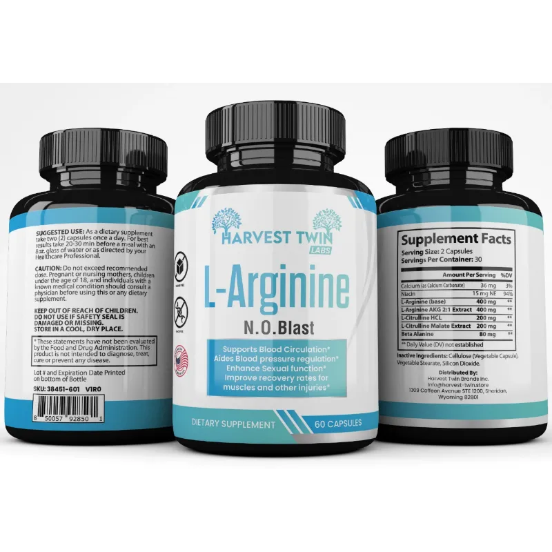 Three supplement bottles shown on a black background, with the center bottle facing forward and the left and right bottles showing the back labels. The label reads HARVEST TWIN L-Arginine N.