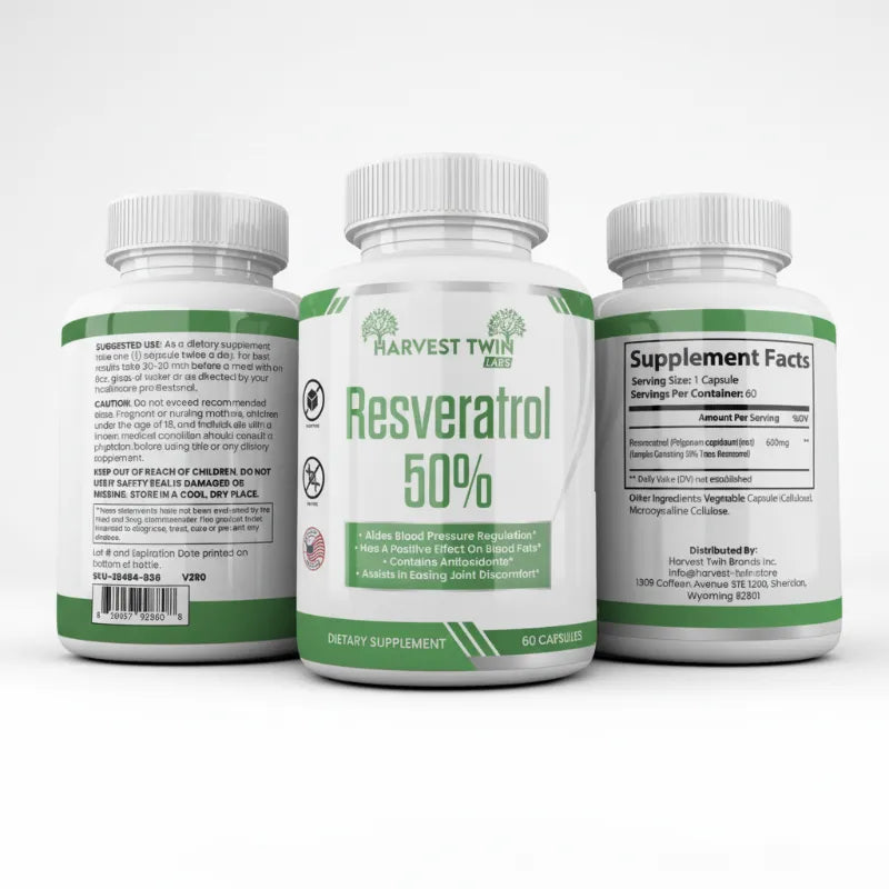Three supplement bottles shown on a light gray studio background: the center bottle is front-facing with the label reading 'Resveratrol 50%' and 'Harvest Twin Labs,' while the left and right bottles show the back and supplement facts panels.