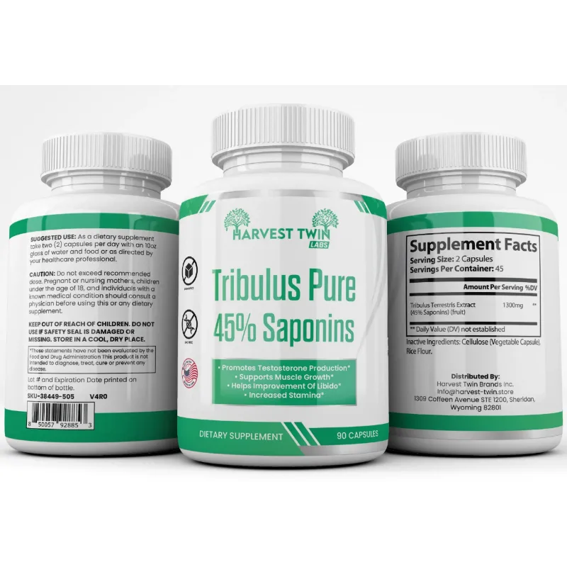 Three white supplement bottles with white caps on a black background. The center bottle shows the front label 'Harvest Twin Labs Tribulus Pure 45% Saponins' with green and teal text, while the left bottle shows the back with usage and warnings, and the right bottle shows the supplement facts panel.