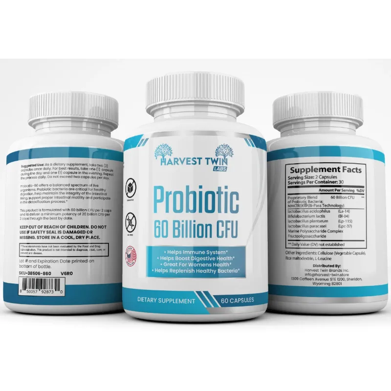 Three supplement bottles on a plain white background, with the center bottle facing forward and the left and right bottles showing the back and supplement facts panels. The label reads Harvest Twin Labs and Probiotic 60 Billion CFU.