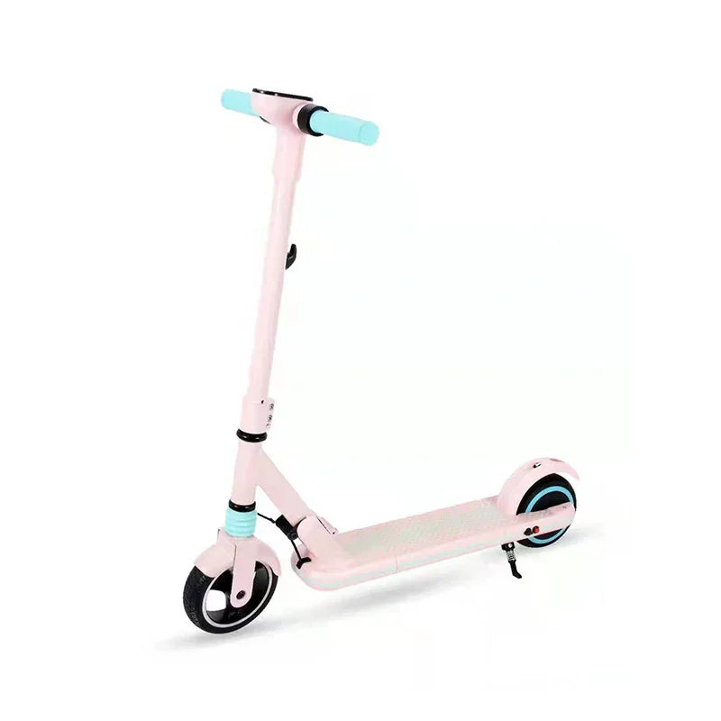 Pink scooter with black wheels on a white background