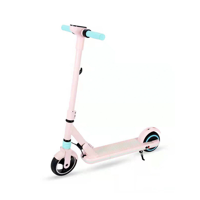 Pink scooter with black wheels on a white background