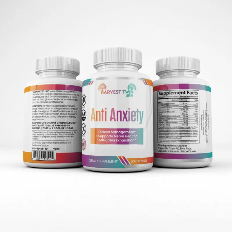 Three supplement bottles shown on a clean white background, with the center bottle facing forward to display the label and the side bottles showing the back and supplement facts panels.