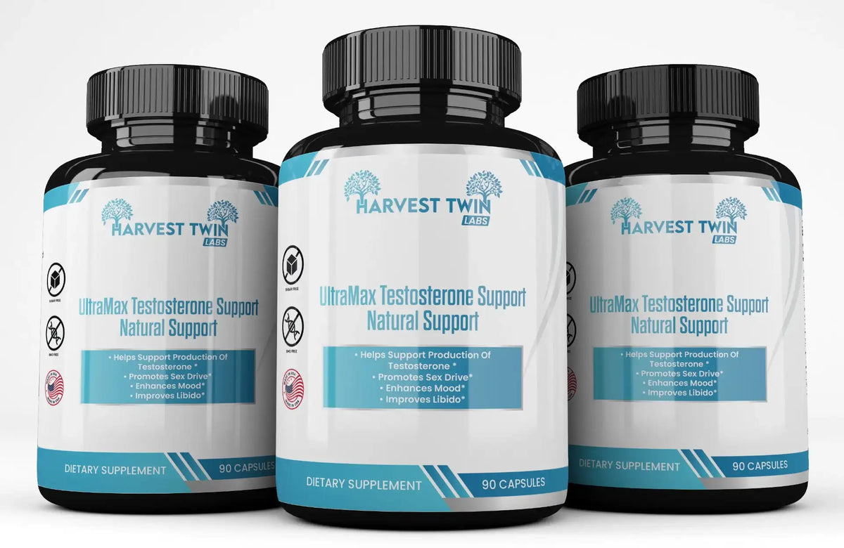 Three black supplement bottles with black caps labeled Harvest Twin UltraMax Testosterone Support Natural Support, arranged side by side on a light gray background.
