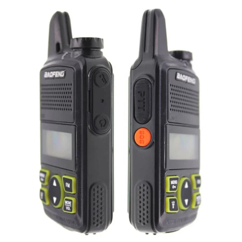 Two walkie talkies with visible brand logo on a white background