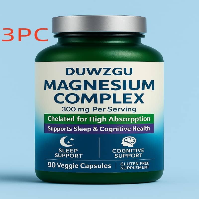 Bottle of DUWZGU Magnesium Complex supplement on a blue background