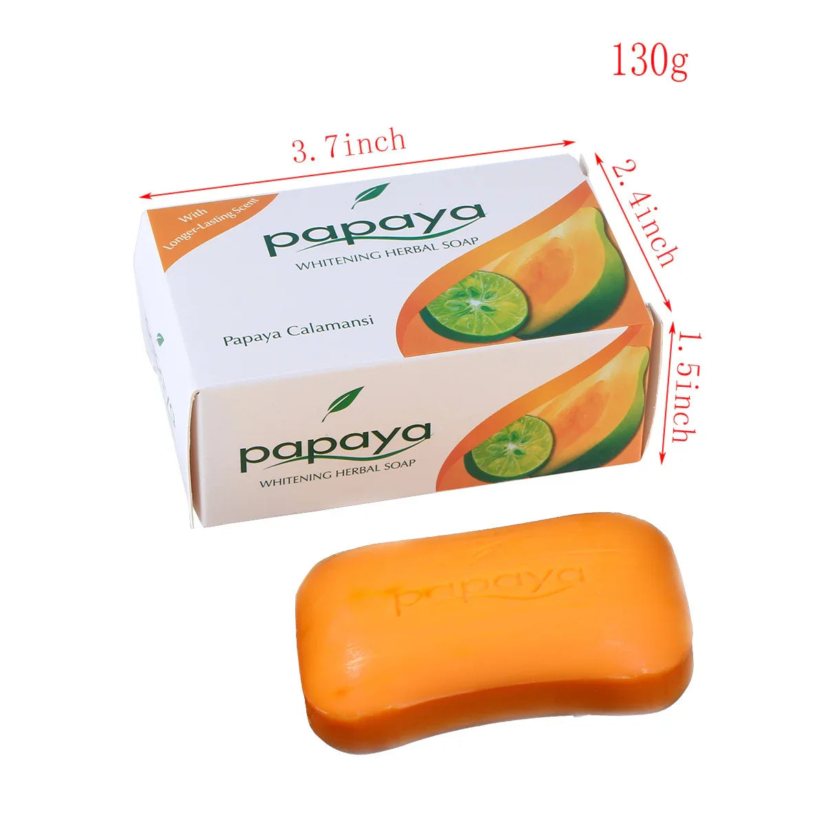 Papaya whitening herbal soap bar and box with product dimensions and fruit images.