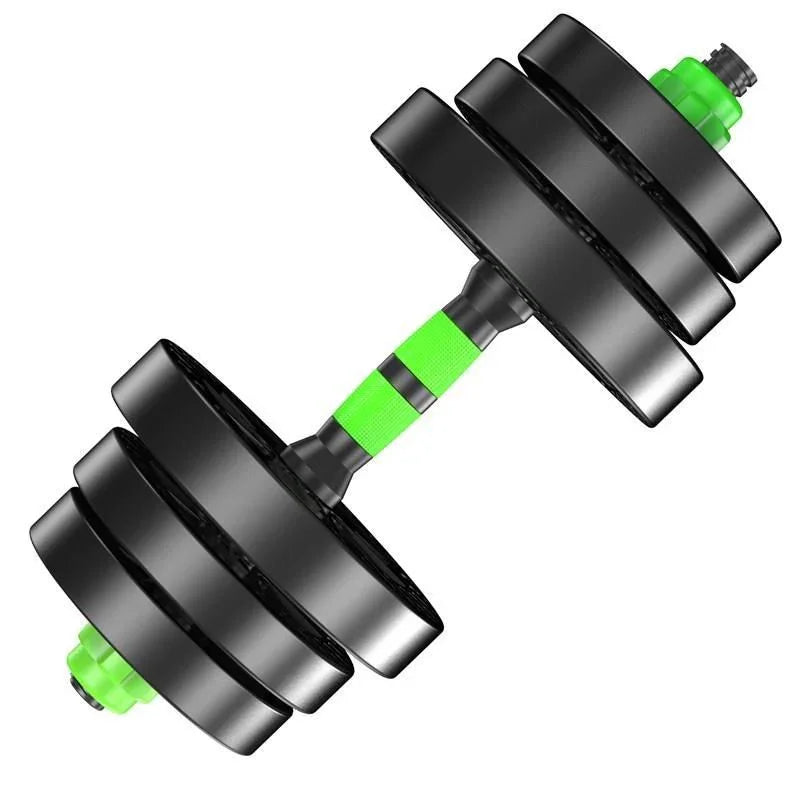 Pair of black dumbbells with green collars on a white background
