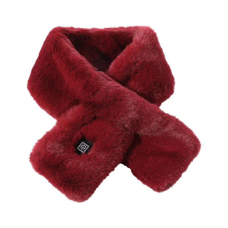 Plush red faux fur scarf with soft texture and small label on white background