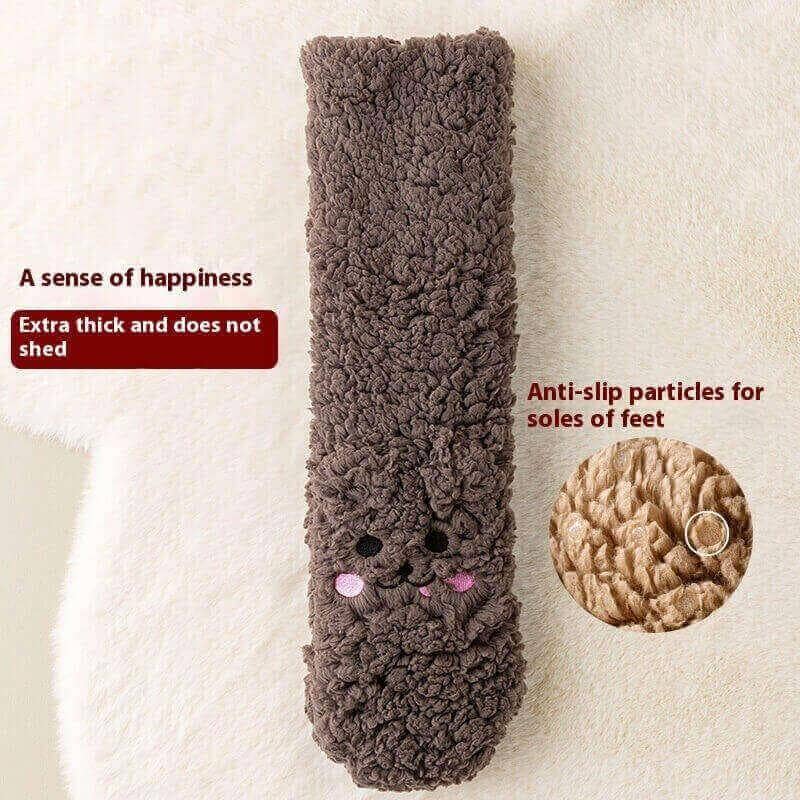 Fluffy brown anti-slip fuzzy socks with cute face design, extra thick and non-shedding.